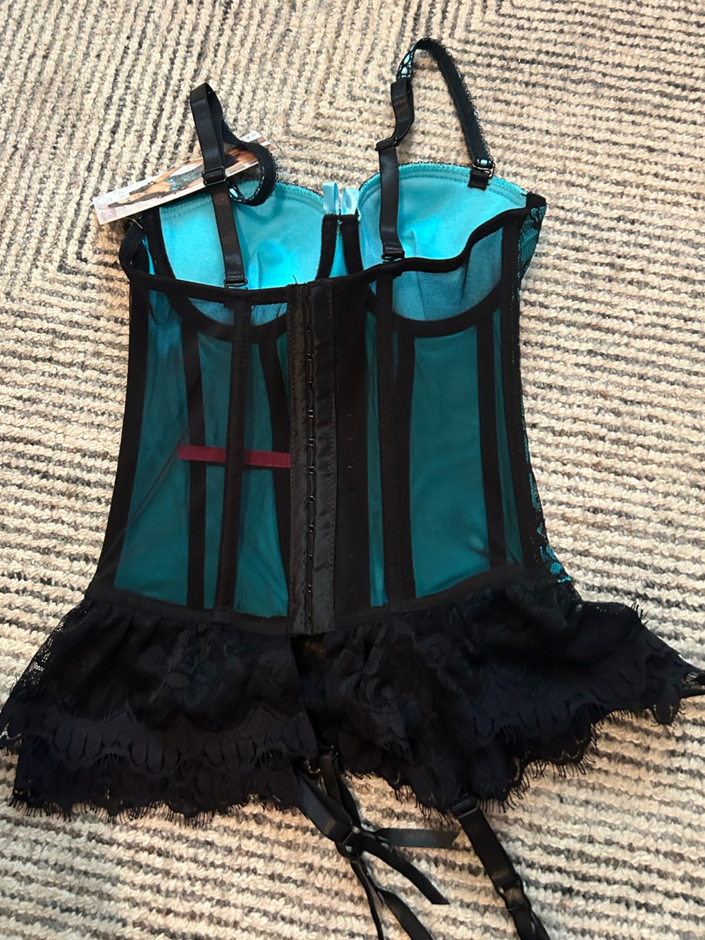 Teal and Black Lace Bustier with Ruffle Hem Size Small - Picture 3 of 7